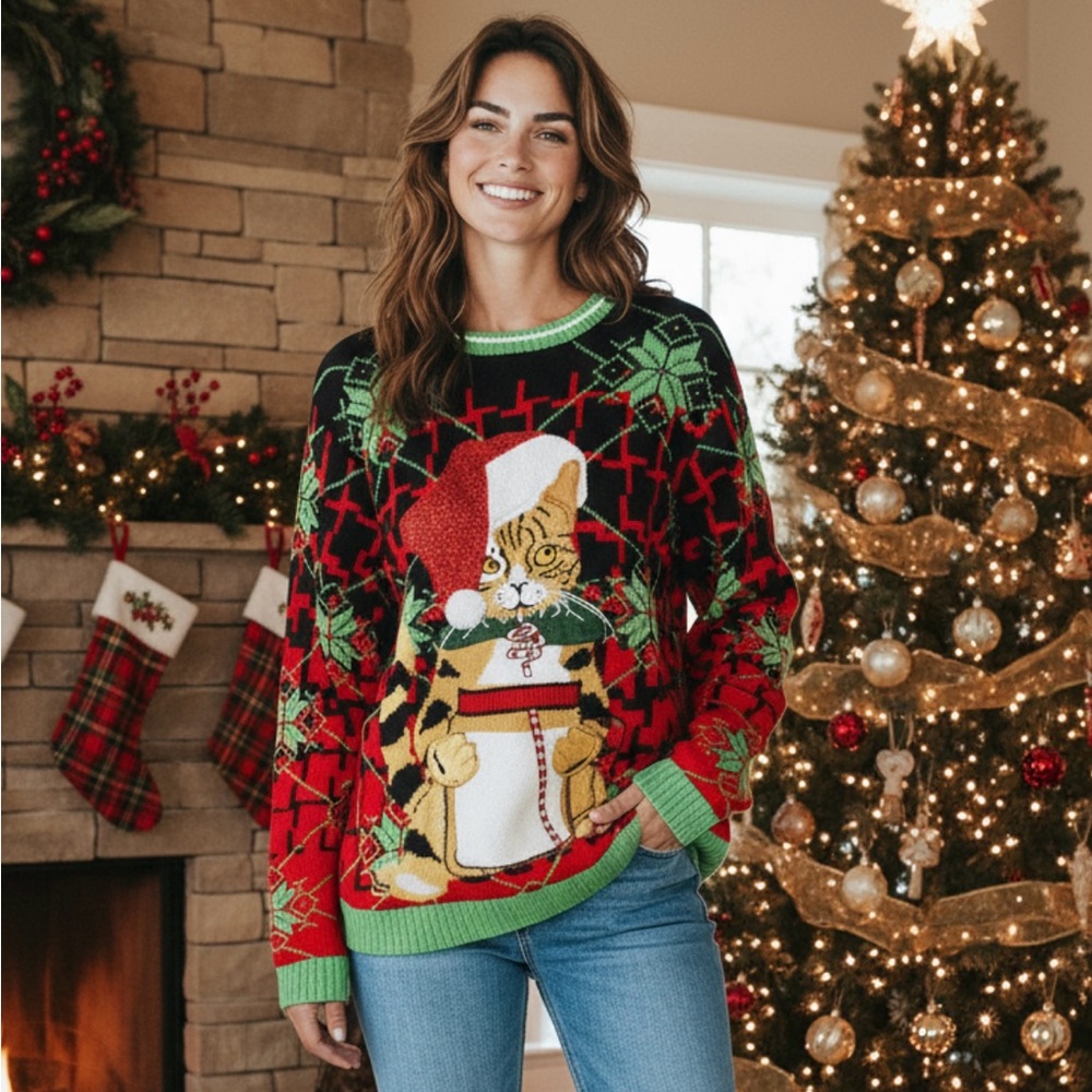Celebrate Together Ugly Christmas Sweater Sz M Cat Drink Holder Pocket